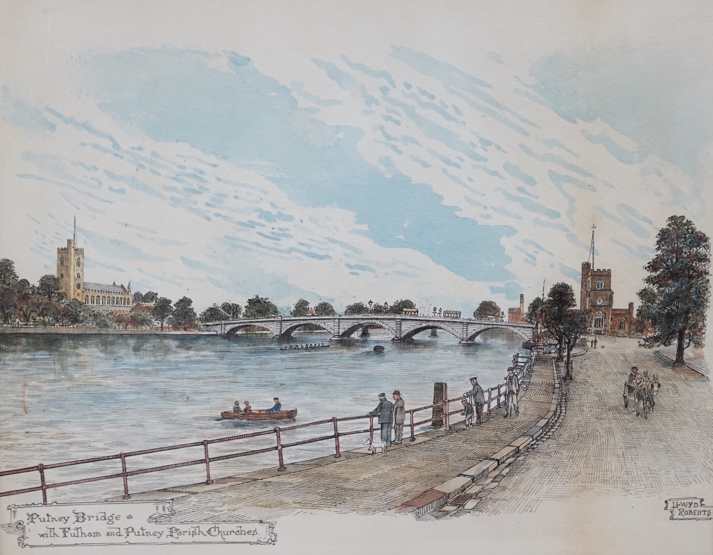 Llwyd Roberts (1875-1940), ink and watercolour, Putney Bridge with Fulham and Putney Parish Churches, signed and inscribed, unframed, 23 x 27cm